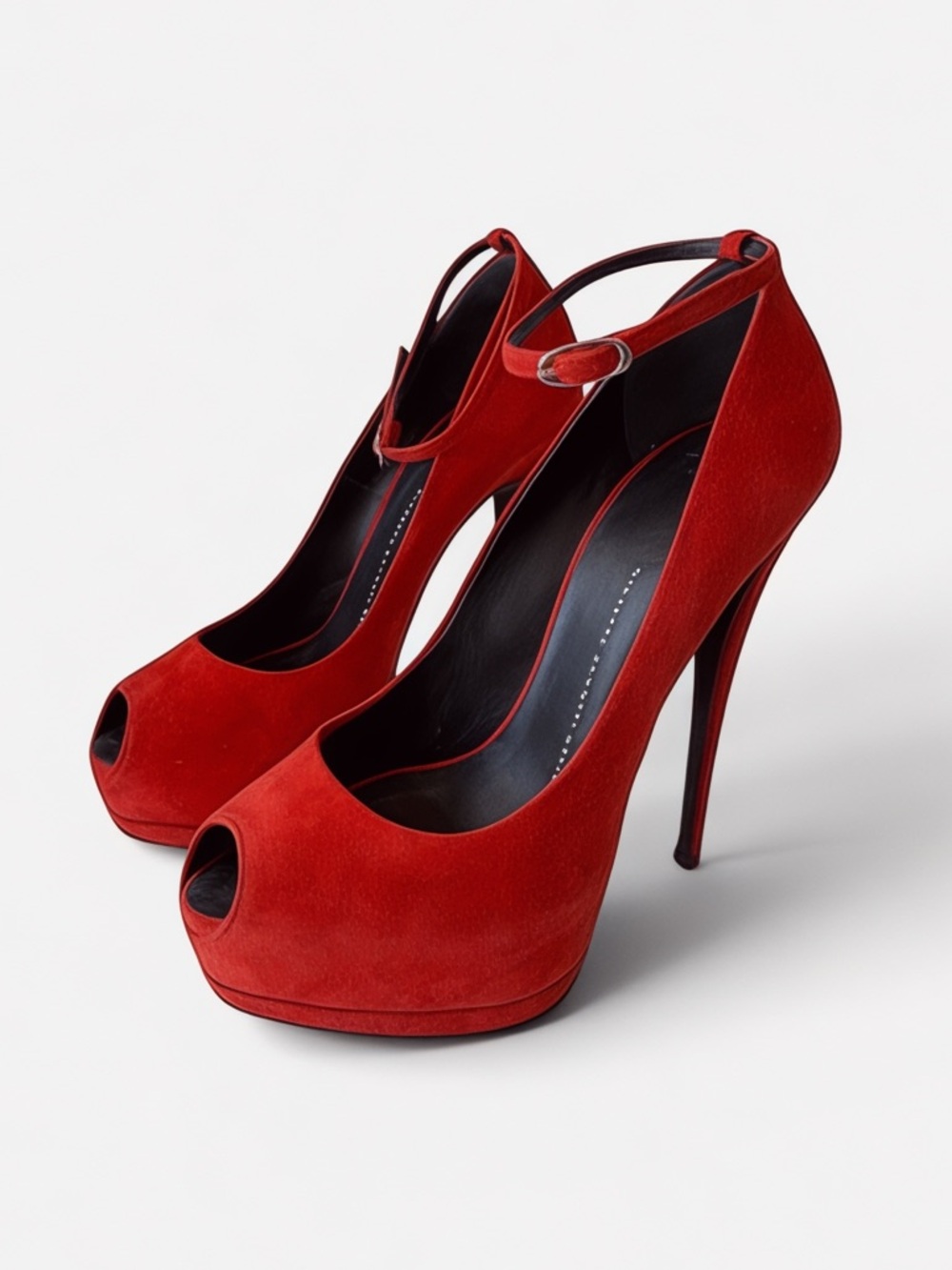 Giuseppe Zanotti  Red Suede‎ Peep-Toe Platform Heels with Ankle Strap